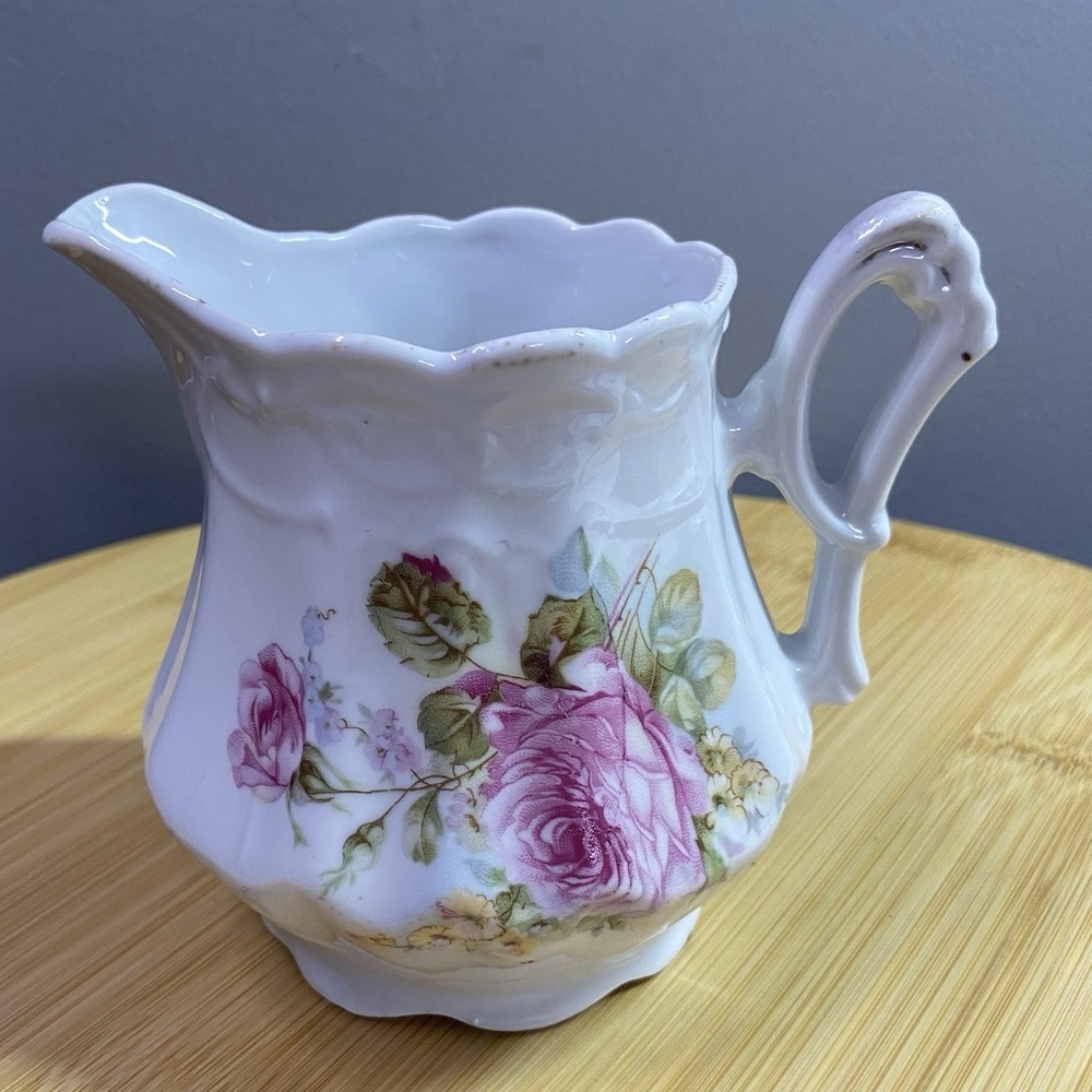 Vintage Porcelain Pitcher w/ Rose Creamer Cup and‎ Unique Double Loop Handle